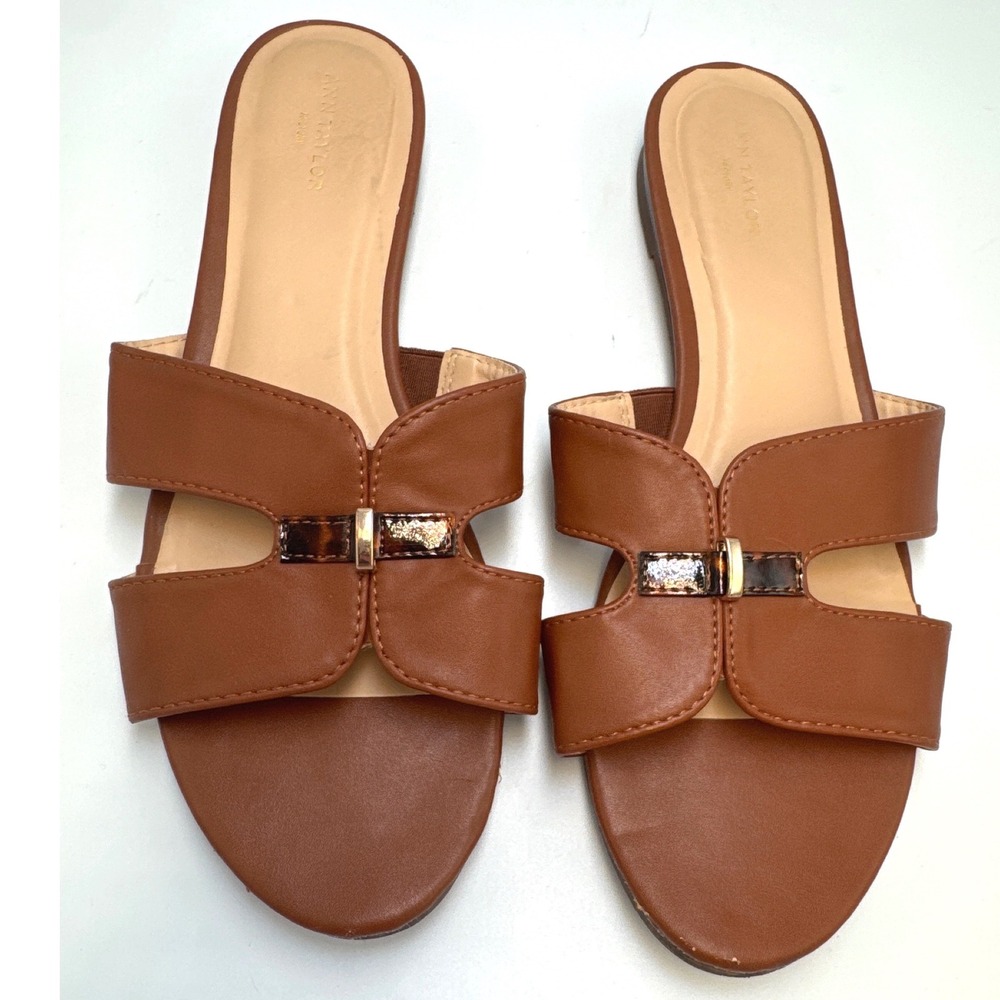 Ann Taylor Womens Slide Sandals 7.5 Brown Tortoiseshell Accent Flat Mules